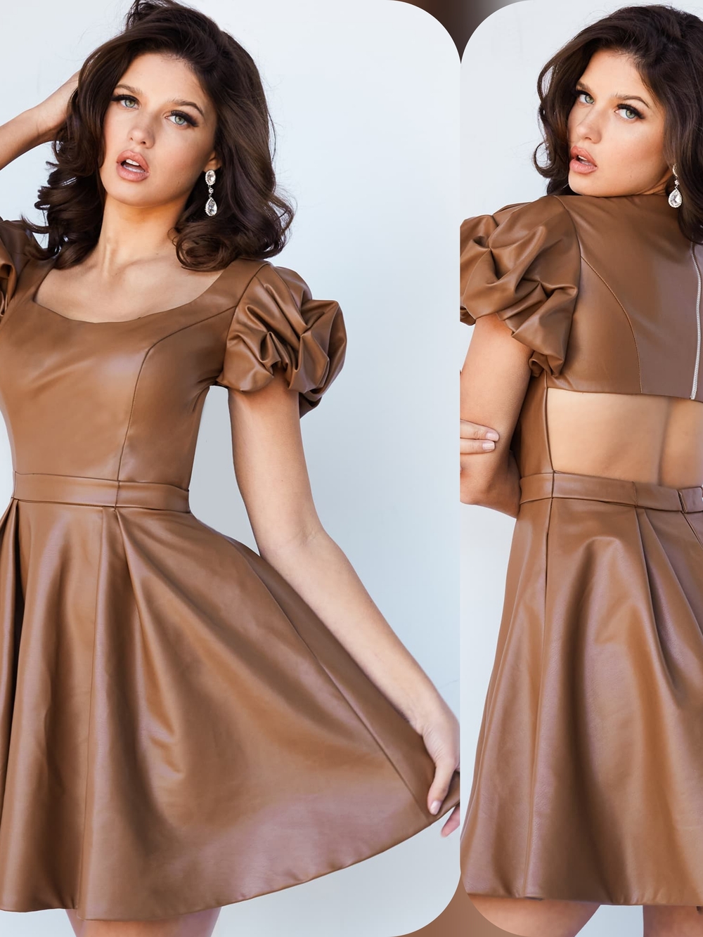 Jovani Brown Faux Leather Puff-Sleeve Mini Dress